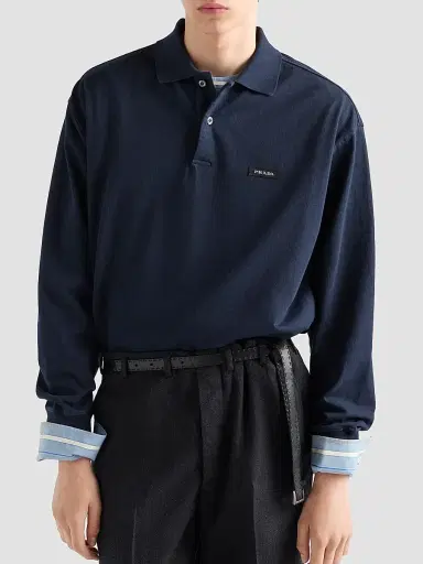 Prada Men's Long-Sleeved Cotton Polo Shirt | Thumbnail 3 Prada Men's Long-Sleeved Cotton Polo Shirt | Thumbnail 3