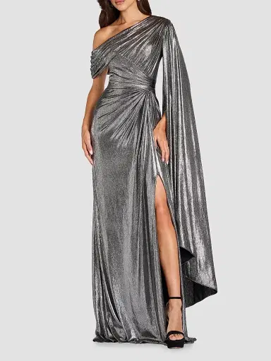 Tadashi Shoji Women's Zeka Metallic Cape Sleeve Gown - Steel | Thumbnail 2 Tadashi Shoji Women's Zeka Metallic Cape Sleeve Gown - Steel | Thumbnail 2