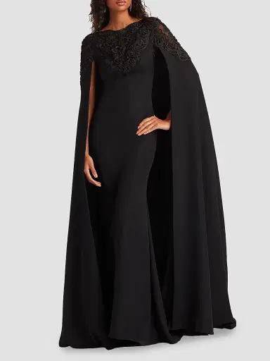 Tadashi Shoji Women's Massaro Embroidered Cape Gown - Black | Thumbnail 2 Tadashi Shoji Women's Massaro Embroidered Cape Gown - Black | Thumbnail 2