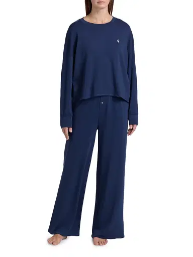 Polo Ralph Lauren Women's French Terry 2-Piece Pajama Set - Navy | Thumbnail 2 Polo Ralph Lauren Women's French Terry 2-Piece Pajama Set - Navy | Thumbnail 2