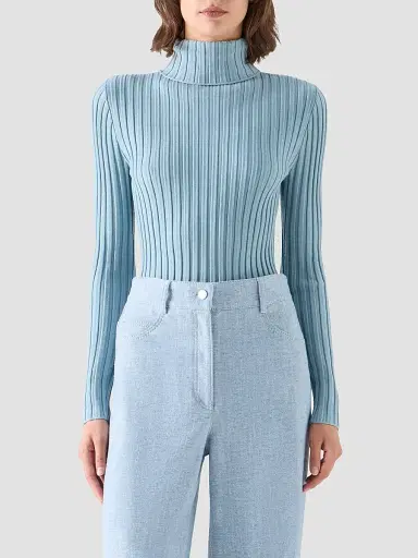 Akris punto Women's Wool Knit Turtleneck Sweater - Light Blue | Thumbnail 4 Akris punto Women's Wool Knit Turtleneck Sweater - Light Blue | Thumbnail 4