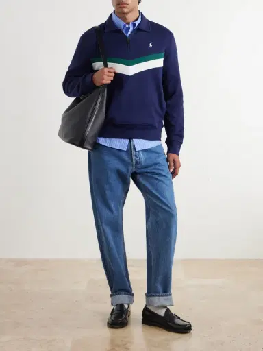 Polo Ralph Lauren Striped Logo-Embroidered Cotton-Blend Piqué Sweatshirt - Men | Thumbnail 2 Polo Ralph Lauren Striped Logo-Embroidered Cotton-Blend Piqué Sweatshirt - Men | Thumbnail 2