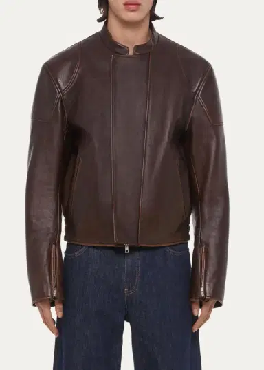 Helmut Lang Men's Leather Concealed-Zip Moto Jacket | Thumbnail 4 Helmut Lang Men's Leather Concealed-Zip Moto Jacket | Thumbnail 4