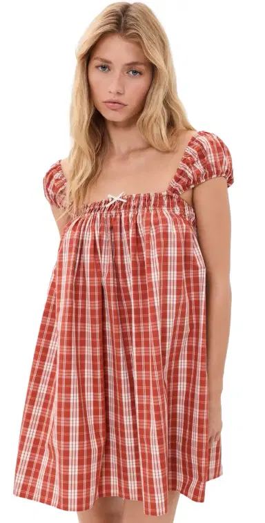 FAITHFULL Belinha Babydoll Mini Dress Ines Check Terra Rosso | Thumbnail 1 FAITHFULL Belinha Babydoll Mini Dress Ines Check Terra Rosso | Thumbnail 1