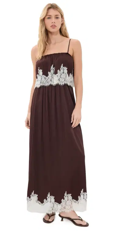 Show Me Your Mumu Emmylou Maxi Dress Chocolate Satin With Lace Trim | Thumbnail 1 Show Me Your Mumu Emmylou Maxi Dress Chocolate Satin With Lace Trim | Thumbnail 1