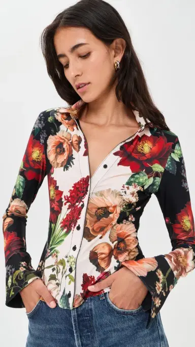 Alice + Olivia Freya Fitted Button Down Top Floral Radiance | Thumbnail 2 Alice + Olivia Freya Fitted Button Down Top Floral Radiance | Thumbnail 2