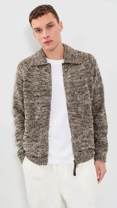 UNIVERSAL WORKS Lambswool Zip Cardigan Ecru/Brown | Thumbnail 2 UNIVERSAL WORKS Lambswool Zip Cardigan Ecru/Brown | Thumbnail 2