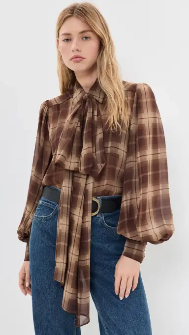 BARDOT Cecile Scarf Button Down Shirt Brown Check | Thumbnail 2 BARDOT Cecile Scarf Button Down Shirt Brown Check | Thumbnail 2