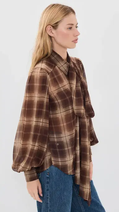 BARDOT Cecile Scarf Button Down Shirt Brown Check | Thumbnail 4 BARDOT Cecile Scarf Button Down Shirt Brown Check | Thumbnail 4