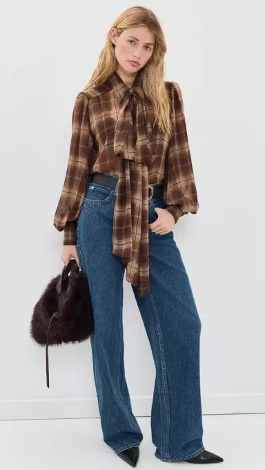 BARDOT Cecile Scarf Button Down Shirt Brown Check | Thumbnail 5 BARDOT Cecile Scarf Button Down Shirt Brown Check | Thumbnail 5