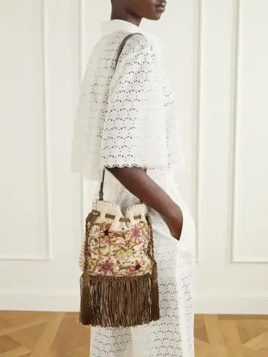 Valentino Garavani Embroidered Fringed Canvas Drawstring Shoulder Bag | Thumbnail 2 Valentino Garavani Embroidered Fringed Canvas Drawstring Shoulder Bag | Thumbnail 2
