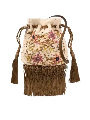Valentino Garavani Embroidered Fringed Canvas Drawstring Shoulder Bag | Thumbnail 1 Valentino Garavani Embroidered Fringed Canvas Drawstring Shoulder Bag | Thumbnail 1