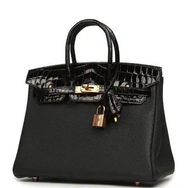 HERMÈS Hermes Birkin 25 Touch Black Togo, Shiny Niloticus Crocodile Touch Rose Gold Hardware | Thumbnail 5 HERMÈS Hermes Birkin 25 Touch Black Togo, Shiny Niloticus Crocodile Touch Rose Gold Hardware | Thumbnail 5