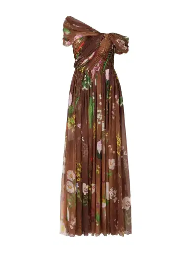 Oscar de la Renta Off-the-shoulder Pleated Floral-print Silk-chiffon Gown | Thumbnail 1 Oscar de la Renta Off-the-shoulder Pleated Floral-print Silk-chiffon Gown | Thumbnail 1