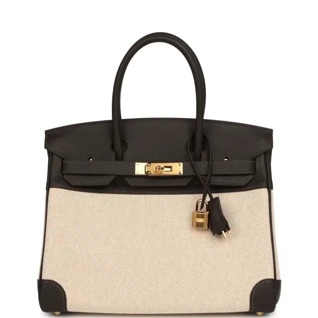 Hermes Birkin 30 Ecru and Beige Toile H Canvas, Bai Brun Swift Gold Hardware Hermes Birkin 30 Ecru and Beige Toile H Canvas, Bai Brun Swift Gold Hardware