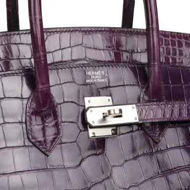HERMÈS Pre-owned Hermes Birkin 35 Cassis Shiny Porosus Crocodile Palladium Hardware | Thumbnail 7 HERMÈS Pre-owned Hermes Birkin 35 Cassis Shiny Porosus Crocodile Palladium Hardware | Thumbnail 7