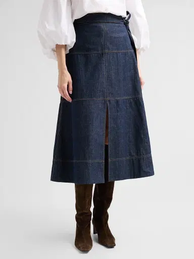 TANYA TAYLOR Women's Hudley Tie-Waist Denim Midi Skirt | Thumbnail 4 TANYA TAYLOR Women's Hudley Tie-Waist Denim Midi Skirt | Thumbnail 4
