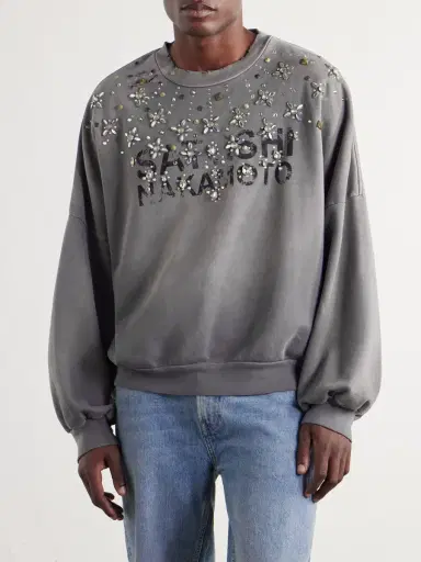 Satoshi Nakamoto Crystal Castle Logo-Printed Embellished Distressed Cotton Sweatshirt - Men | Thumbnail 3 Satoshi Nakamoto Crystal Castle Logo-Printed Embellished Distressed Cotton Sweatshirt - Men | Thumbnail 3