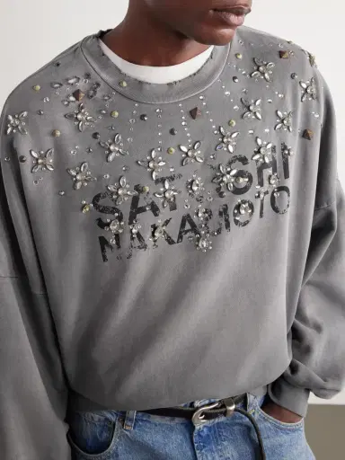 Satoshi Nakamoto Crystal Castle Logo-Printed Embellished Distressed Cotton Sweatshirt - Men | Thumbnail 5 Satoshi Nakamoto Crystal Castle Logo-Printed Embellished Distressed Cotton Sweatshirt - Men | Thumbnail 5