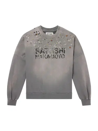 Satoshi Nakamoto Crystal Castle Logo-Printed Embellished Distressed Cotton Sweatshirt - Men | Thumbnail 1 Satoshi Nakamoto Crystal Castle Logo-Printed Embellished Distressed Cotton Sweatshirt - Men | Thumbnail 1