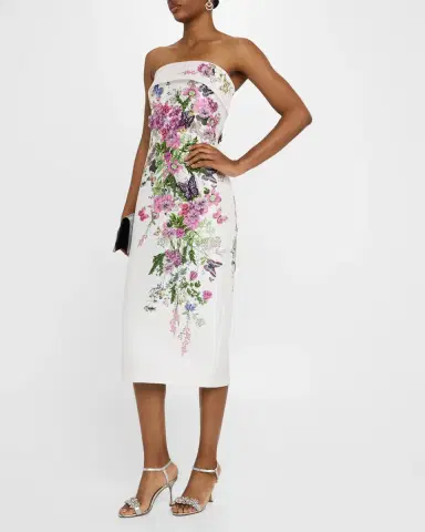 Badgley Mischka Collection Strapless Floral-Print Applique Midi Dress | Thumbnail 2 Badgley Mischka Collection Strapless Floral-Print Applique Midi Dress | Thumbnail 2