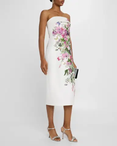 Badgley Mischka Collection Strapless Floral-Print Applique Midi Dress | Thumbnail 4 Badgley Mischka Collection Strapless Floral-Print Applique Midi Dress | Thumbnail 4