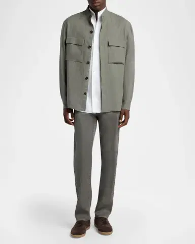 Zegna Men's Oasi Linen Stand-Collar Button-Down Shirt | Thumbnail 2 Zegna Men's Oasi Linen Stand-Collar Button-Down Shirt | Thumbnail 2