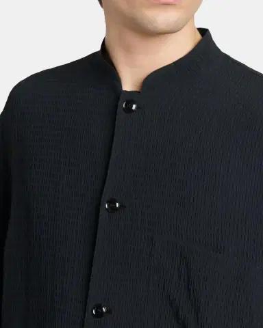 Giorgio Armani Men's Seersucker Band-Collar Guru Shirt | Thumbnail 5 Giorgio Armani Men's Seersucker Band-Collar Guru Shirt | Thumbnail 5