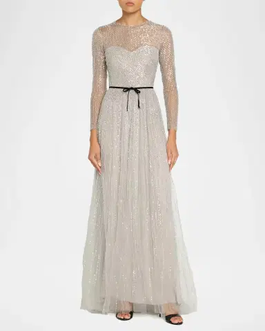 MONIQUE LHUILLIER Embellished Tulle Long-Sleeve Illusion Gown | Thumbnail 2 MONIQUE LHUILLIER Embellished Tulle Long-Sleeve Illusion Gown | Thumbnail 2