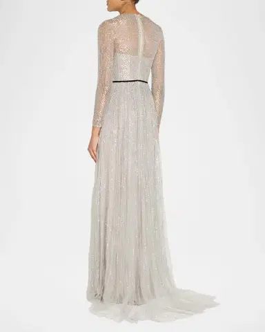 MONIQUE LHUILLIER Embellished Tulle Long-Sleeve Illusion Gown | Thumbnail 3 MONIQUE LHUILLIER Embellished Tulle Long-Sleeve Illusion Gown | Thumbnail 3