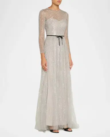 MONIQUE LHUILLIER Embellished Tulle Long-Sleeve Illusion Gown | Thumbnail 4 MONIQUE LHUILLIER Embellished Tulle Long-Sleeve Illusion Gown | Thumbnail 4
