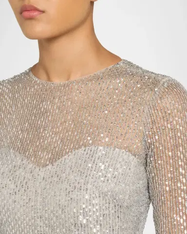 MONIQUE LHUILLIER Embellished Tulle Long-Sleeve Illusion Gown | Thumbnail 5 MONIQUE LHUILLIER Embellished Tulle Long-Sleeve Illusion Gown | Thumbnail 5