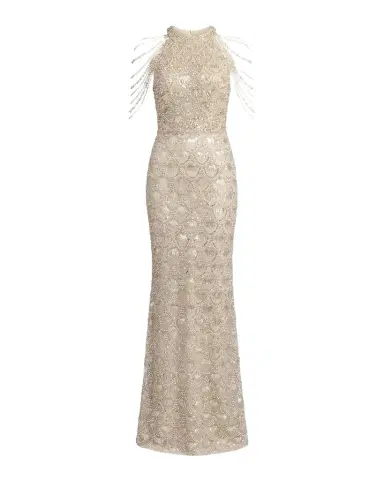 Mac Duggal Petite Draped Beaded Column Gown | Thumbnail 1 Mac Duggal Petite Draped Beaded Column Gown | Thumbnail 1