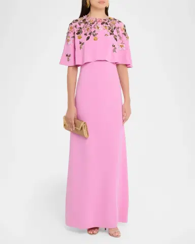 Oscar de la Renta Floral Beaded Capelet Silk Georgette Gown | Thumbnail 2 Oscar de la Renta Floral Beaded Capelet Silk Georgette Gown | Thumbnail 2