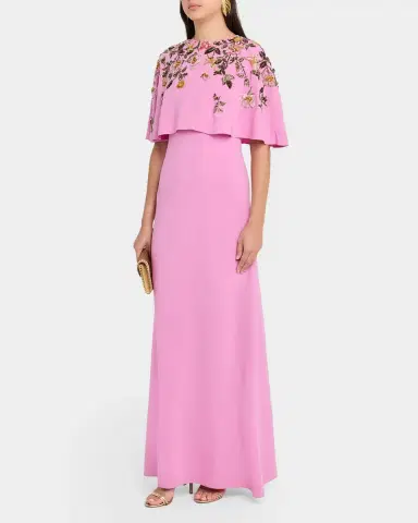 Oscar de la Renta Floral Beaded Capelet Silk Georgette Gown | Thumbnail 4 Oscar de la Renta Floral Beaded Capelet Silk Georgette Gown | Thumbnail 4