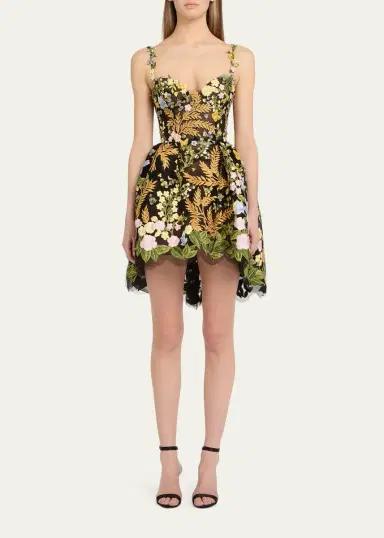Oscar de la Renta Mixed Botanical Embroidered Tulle High-Low Bustier Dress | Thumbnail 2 Oscar de la Renta Mixed Botanical Embroidered Tulle High-Low Bustier Dress | Thumbnail 2