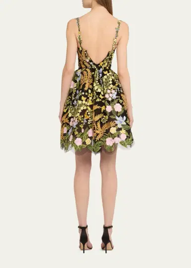 Oscar de la Renta Mixed Botanical Embroidered Tulle High-Low Bustier Dress | Thumbnail 3 Oscar de la Renta Mixed Botanical Embroidered Tulle High-Low Bustier Dress | Thumbnail 3
