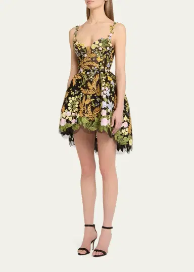Oscar de la Renta Mixed Botanical Embroidered Tulle High-Low Bustier Dress | Thumbnail 4 Oscar de la Renta Mixed Botanical Embroidered Tulle High-Low Bustier Dress | Thumbnail 4