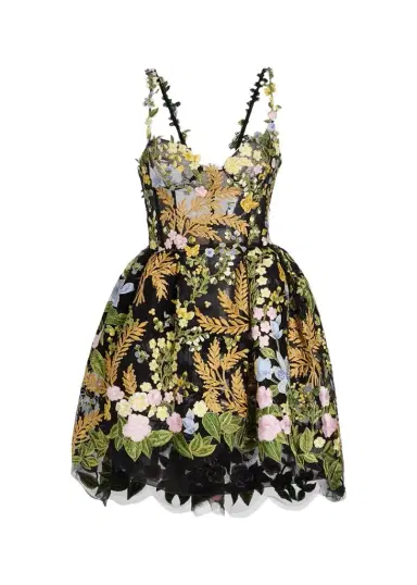 Oscar de la Renta Mixed Botanical Embroidered Tulle High-Low Bustier Dress | Thumbnail 1 Oscar de la Renta Mixed Botanical Embroidered Tulle High-Low Bustier Dress | Thumbnail 1