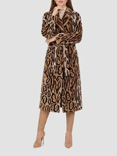 Gorski Women's Reversible Select Shearling Lamb Coat with Belt - Ocelo Print Gold | Thumbnail 2 Gorski Women's Reversible Select Shearling Lamb Coat with Belt - Ocelo Print Gold | Thumbnail 2