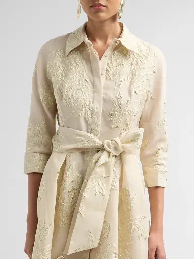 Teri Jon by Rickie Freeman Women's Jacquard Floral-Print Shirtdress - Champagne | Thumbnail 5 Teri Jon by Rickie Freeman Women's Jacquard Floral-Print Shirtdress - Champagne | Thumbnail 5
