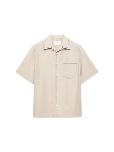 Prada Men's Short-Sleeved Cotton Shirt - Beige Khaki | Thumbnail 1 Prada Men's Short-Sleeved Cotton Shirt - Beige Khaki | Thumbnail 1