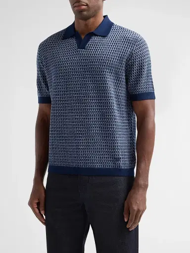 Emporio Armani Men's Contrast Triangle Jacquard Short-Sleeve Sweater - Solid Blue Navy - Size XXL | Thumbnail 4 Emporio Armani Men's Contrast Triangle Jacquard Short-Sleeve Sweater - Solid Blue Navy - Size XXL | Thumbnail 4