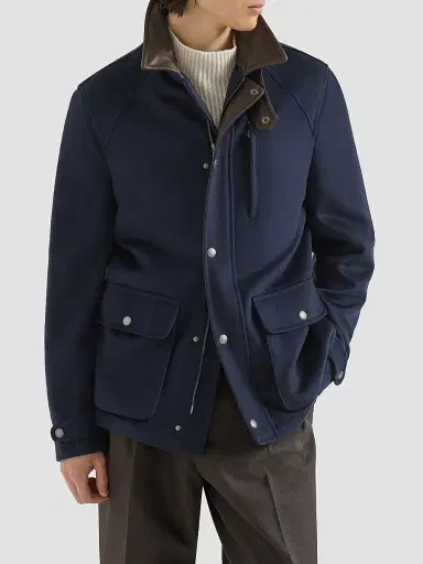 Brunello Cucinelli Men's Virgin Wool Cloth Field Jacket with Nappa Leather Inserts - Blue | Thumbnail 3 Brunello Cucinelli Men's Virgin Wool Cloth Field Jacket with Nappa Leather Inserts - Blue | Thumbnail 3