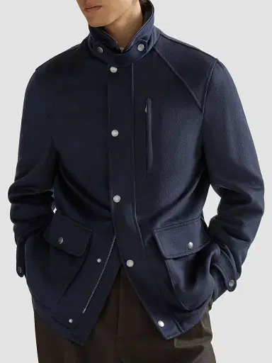 Brunello Cucinelli Men's Virgin Wool Cloth Field Jacket with Nappa Leather Inserts - Blue | Thumbnail 5 Brunello Cucinelli Men's Virgin Wool Cloth Field Jacket with Nappa Leather Inserts - Blue | Thumbnail 5