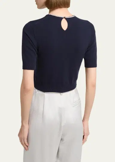 Giorgio Armani Crystal Crewneck Short-Sleeve Silk Knit Crop Shirt | Thumbnail 3 Giorgio Armani Crystal Crewneck Short-Sleeve Silk Knit Crop Shirt | Thumbnail 3