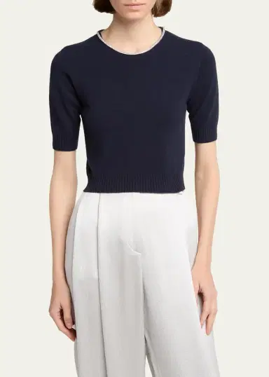 Giorgio Armani Crystal Crewneck Short-Sleeve Silk Knit Crop Shirt | Thumbnail 4 Giorgio Armani Crystal Crewneck Short-Sleeve Silk Knit Crop Shirt | Thumbnail 4