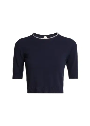 Giorgio Armani Crystal Crewneck Short-Sleeve Silk Knit Crop Shirt | Thumbnail 1 Giorgio Armani Crystal Crewneck Short-Sleeve Silk Knit Crop Shirt | Thumbnail 1