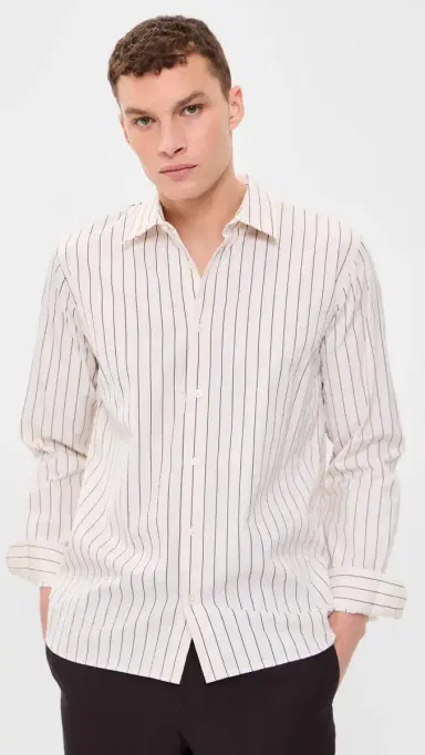 Orlebar Brown Justin Fine Stripe Button Down Shirt atte/Night Iris | Thumbnail 2 Orlebar Brown Justin Fine Stripe Button Down Shirt atte/Night Iris | Thumbnail 2