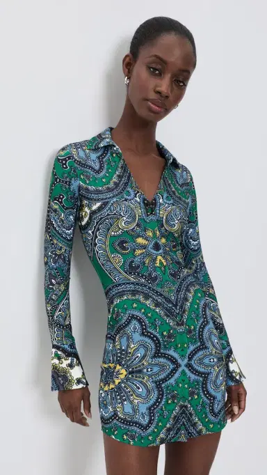 Alice + Olivia Freya Fitted Waist Mini Dress Bon Voyage Deep Emerald | Thumbnail 2 Alice + Olivia Freya Fitted Waist Mini Dress Bon Voyage Deep Emerald | Thumbnail 2